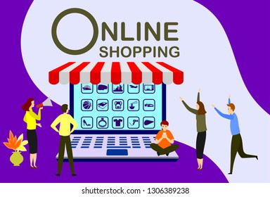 online shopping vector illustration concept, group of people shopping using smartphone and laptop, vector-illustration