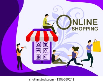 online shopping vector illustration concept, group of people shopping using smartphone and laptop, vector-illustration