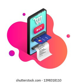 Online shopping vector illustration concept. Online internet store Isometric web banner design template with smartphone integrated ATM, shopping cart, button, credit card, receipt on fluid background