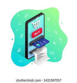 Online shopping vector illustration concept. Online e-commerce Isometric web banner design template with smartphone integrated ATM, shopping cart, button, credit card, receipt on fluid background
