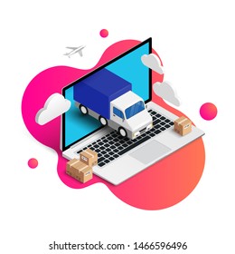 Online shopping vector illustration concept. Online internet store Isometric web banner design template with smartphone integrated ATM, shopping cart, button, credit card, receipt on fluid background