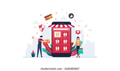 Online Shopping Vector Illustration Concept Showing customer receiving delivery from e-commerce website from smartphone, Suitable for landing page, ui, web, App, editorial, flyer, and banner.