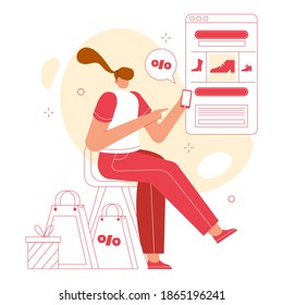 Online shopping vector illustration concept. Women buy things through the phone. 