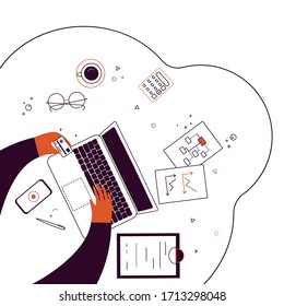 Online-Shopping Vektorillustration Illustration. Der Kunde kauft online auf seinem Computer ein. Zahlungen an Unternehmen. Die Hände tippen auf der Laptop-Tastatur und halten eine Kreditkarte.  WorkSpace-Illustration.