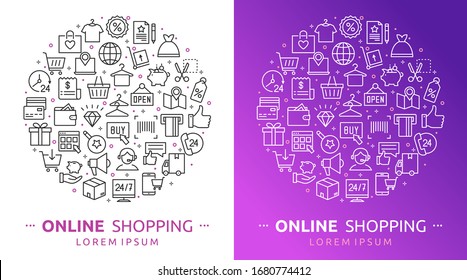 Online shopping. Vector illustration of shopping, E-commerce icons with payment, mobile shop, wallet, sale, gift box and tags symbols. Background for m-commerce, delivery, websites and apps, marketing