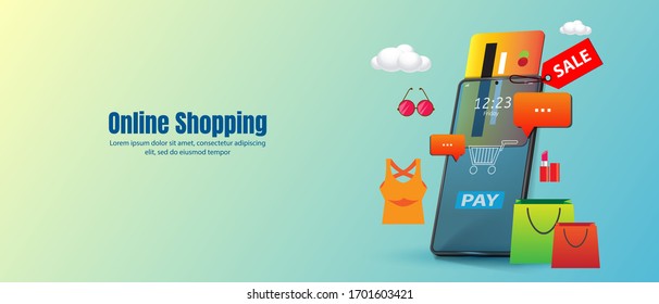 Online shopping vector illustration  E-commerce concept.mobile phone with credit card 