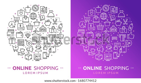 Online shopping. Vector illustration of\
shopping, E-commerce icons with payment, mobile shop, wallet, sale,\
gift box and tags symbols. Background for m-commerce, delivery,\
websites and apps,\
marketing