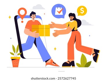 Online Shopping Vector Illustration Featuring People Using Smartphones for Delivery Services in E-commerce with Promotional Tags and Discount Coupons