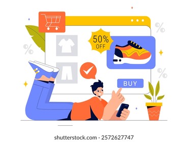 Online Shopping Vector Illustration Featuring People Using Smartphones for Delivery Services in E-commerce with Promotional Tags and Discount Coupons