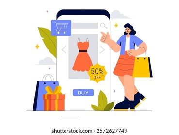 Online Shopping Vector Illustration Featuring People Using Smartphones for Delivery Services in E-commerce with Promotional Tags and Discount Coupons