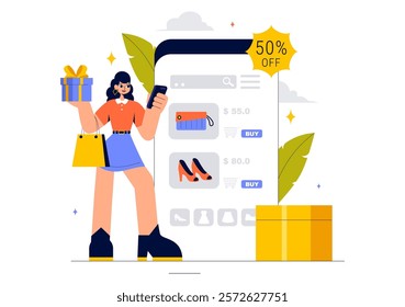 Online Shopping Vector Illustration Featuring People Using Smartphones for Delivery Services in E-commerce with Promotional Tags and Discount Coupons