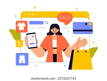 Online Shopping Vector Illustration Featuring People Using Smartphones for Delivery Services in E-commerce with Promotional Tags and Discount Coupons