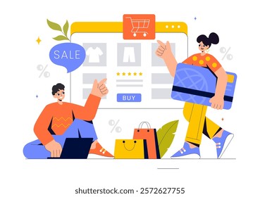 Online Shopping Vector Illustration Featuring People Using Smartphones for Delivery Services in E-commerce with Promotional Tags and Discount Coupons