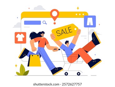 Online Shopping Vector Illustration Featuring People Using Smartphones for Delivery Services in E-commerce with Promotional Tags and Discount Coupons