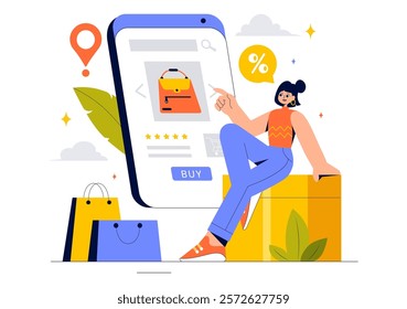 Online Shopping Vector Illustration Featuring People Using Smartphones for Delivery Services in E-commerce with Promotional Tags and Discount Coupons