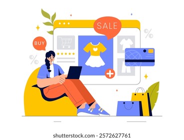 Online Shopping Vector Illustration Featuring People Using Smartphones for Delivery Services in E-commerce with Promotional Tags and Discount Coupons