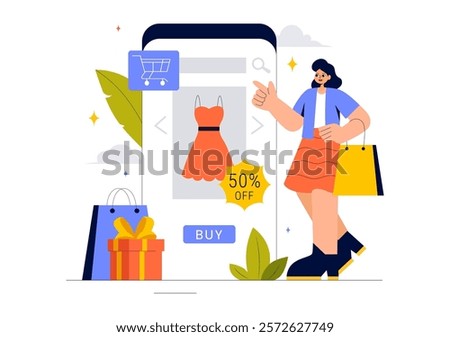 Online Shopping Vector Illustration Featuring People Using Smartphones for Delivery Services in E-commerce with Promotional Tags and Discount Coupons