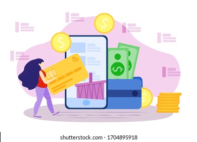 Online shopping vector illustration. Flat digital shop customer buy concept. Virtual business using network devices, phone and tablets for distance retail and transaction. Checkout with payment