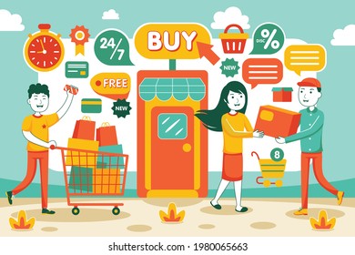 Online-Shopping-Vektorgrafik im Flachdesign-Stil.