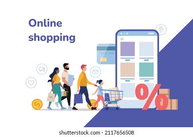 Online-Shopping, Vektorgrafik, flache Design-Menschen mit Einkaufswagen und Taschen Shopping auf Smartphone-App