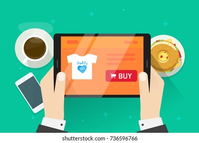 Online shopping vector illustration, flat cartoon person buying something on internet shop, idea of ecommerce store on tablet screen, customer purchasing on e-commerce web page while breakfast