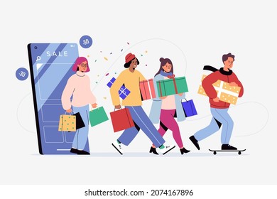 Ilustración vectorial de compras en línea. Grupo de personas felices que hicieron compras en la aplicación móvil. Los personajes compran regalos de la tienda en línea. Venta de vacaciones. Concepto de ciberlunes. Estilo plano.