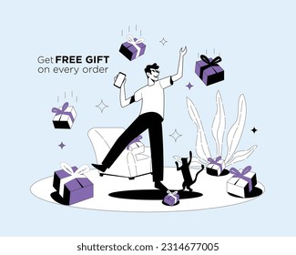 Online shopping vector illustration, a man get free gift on every order