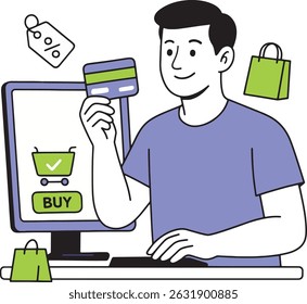 Online Shopping Vector Illustration. Man with Credit Card Buying Online.