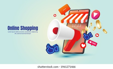 Online Shopping Vector Illustration With Mobile Megaphone Marketing Layout And Web Symbols. Video Content, Channel, Blogging, Internet, App, Analytics, Promotion. Icon 