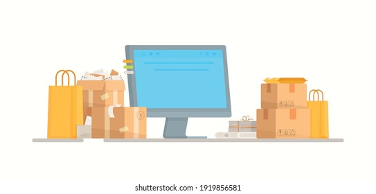 Online shopping. Vector illustration of a post office. Cash register. Orders from the Internet at the mailbox.