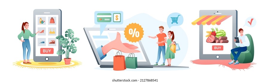 Online shopping vector illustration set. Cartoon happy shopper customer people order and buy in online shop app, market or grocery store, using mobile smart devices on discount sales isolated on white