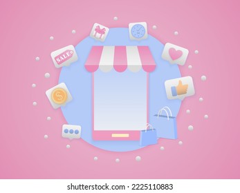 ilustración de vector de compras en línea Ideas de marketing de negocios inteligentes en un fondo rosa