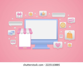 ilustración de vector de compras en línea Ideas de marketing de negocios inteligentes en un fondo rosa