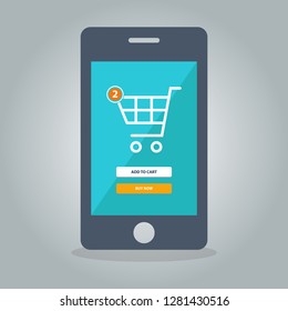 Online shopping vector illustration. Smartphone with shopping cart. - Vector