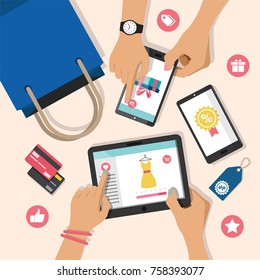 Online shopping vector illustration with top view