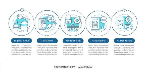 Online shopping vector infographic template. Digital path to purchase. Business presentation design elements. Data visualization with five steps and options. Process timeline chart. Workflow layout