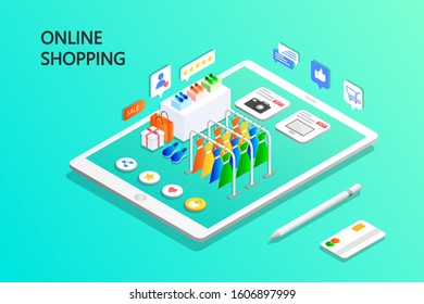 Online shopping vector isometric concept and digital marketing on aqua menthe color background.