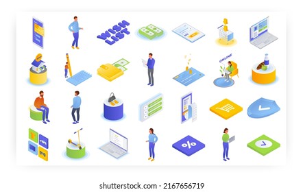 Online Shopping, Vector Isometric Icon Set. People Buying Groceries, Clothing, Adding Favorite Things To Wish List.