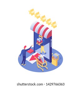 Online shopping  vector isometric illustration. E-commerce, e-trading and consumerism, shopper buying products in Internet store isolated clipart. Buyer and seller cartoon 3d characters