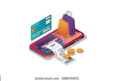 Online shopping vector isometric illustration. Smartphone with shopping bag,credit cards and money. 