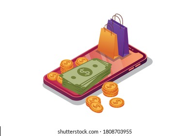 Online shopping vector isometric illustration. Smartphone with shopping bag,credit cards and money. 
