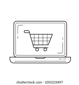 Icono de línea vectorial de compra en línea aislado en fondo blanco. Portátil con icono de línea de carrito de la compra para infografía, sitio web o aplicación.