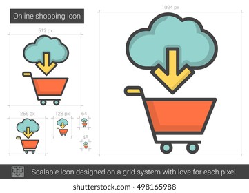 Ícone de linha de vetor de compras online isolado no fundo branco. Ícone de linha de compras online para infográfico, site ou aplicativo. Ícone escalável projetado em um sistema de grade.