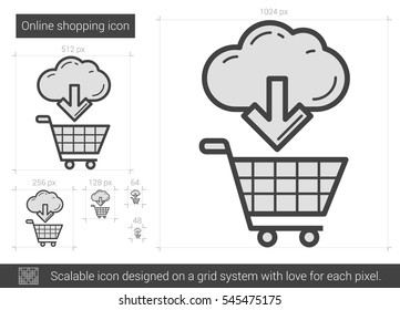Icono de línea vectorial de compra en línea aislado en fondo blanco. Icono de línea de compras en línea para infografía, sitio web o aplicación. Icono escalable diseñado en un sistema de cuadrícula.