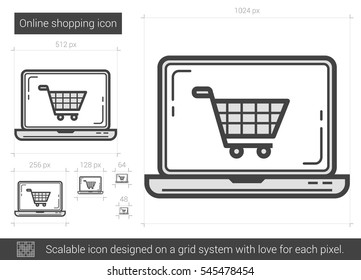 Icono de línea vectorial de compra en línea aislado en fondo blanco. Icono de línea de compras en línea para infografía, sitio web o aplicación. Icono escalable diseñado en un sistema de cuadrícula.