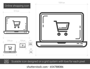 Online-Shopping, Vektorsymbol einzeln auf weißem Hintergrund. Online-Shopping-Icon für Infografik, Website oder App. Skalierbares Symbol, das auf einem Gittersystem entworfen wurde.