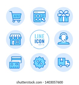 Online shopping vector line icons set. Store, customer support, credit card, discount, shopping cart outline symbols. Modern simple stroke graphic elements. Round icons