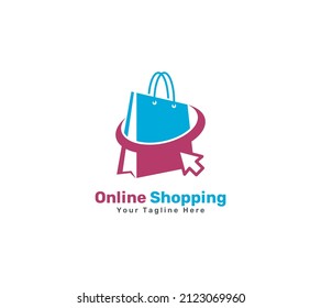 Online shopping vector logo template with bag, online, store, market, buy, sell, shop, internet.