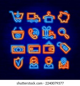 Online shopping vector neon icons set. Neon colors symbols for your store.