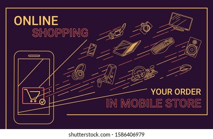 Online shopping vector outline concept design, your order, buying electronics in mobile store, dark background and the bright elements home appliances.